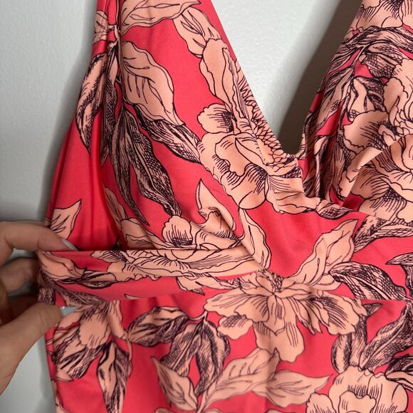 Isabel Maternity Floral Halter One Piece Swimsuit Coral Pink Peony Print L - Picture 2 of 8